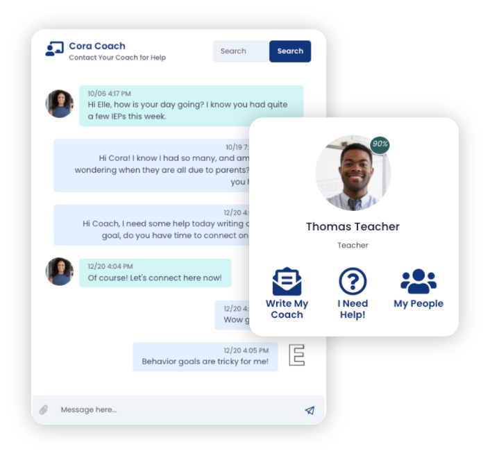 Example conversation in the coach chat box feature alongside Thomas Teacher's axis3 profile.